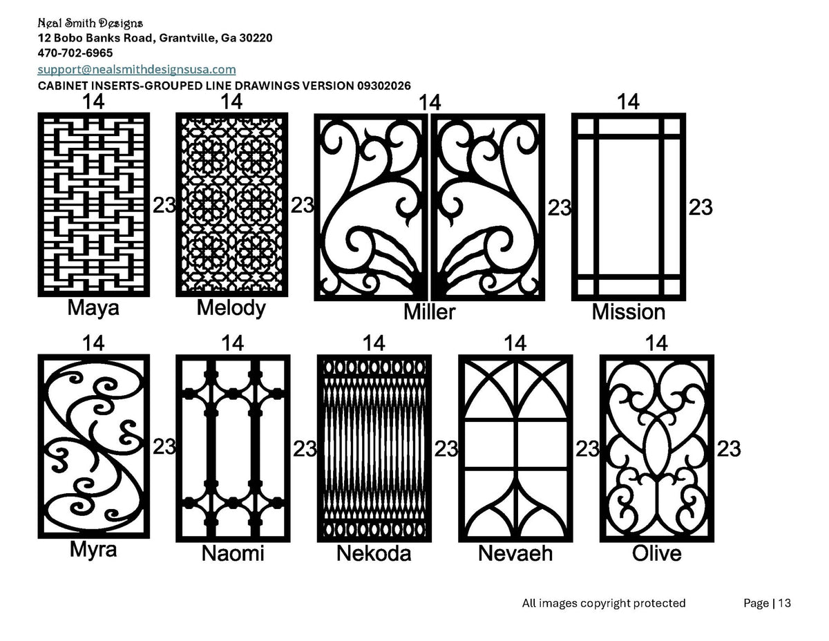 Cabinet inserts as grouped line drawings